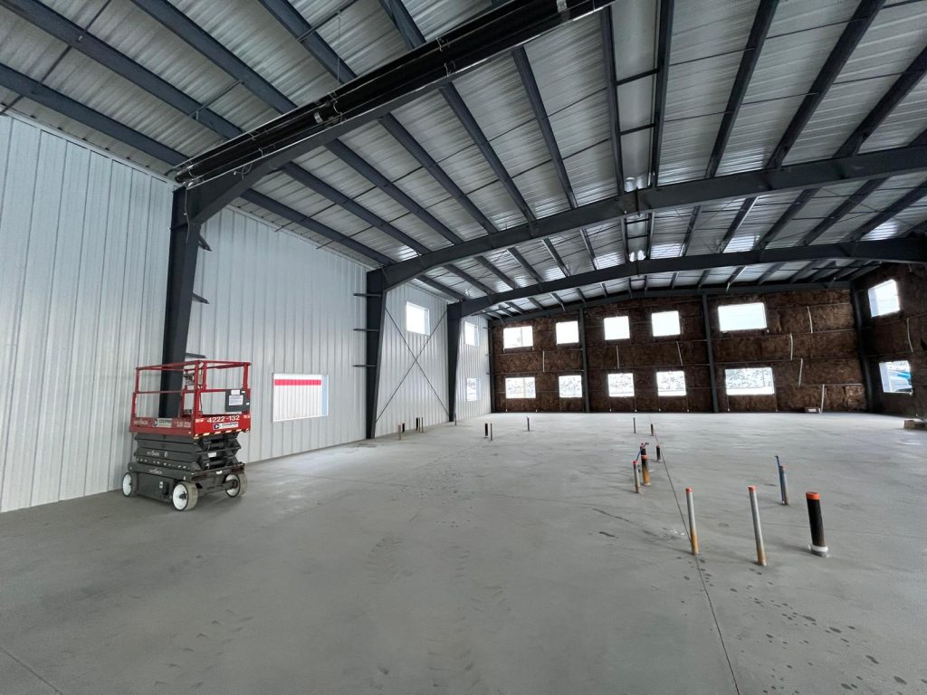 Interior of a steel-framed warehouse with slab poured